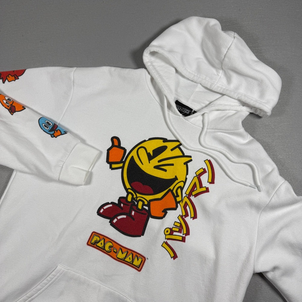 Pac-Man‎ Mens Hoodie Graphic Large White Fleece Streetwear Rare Y2K